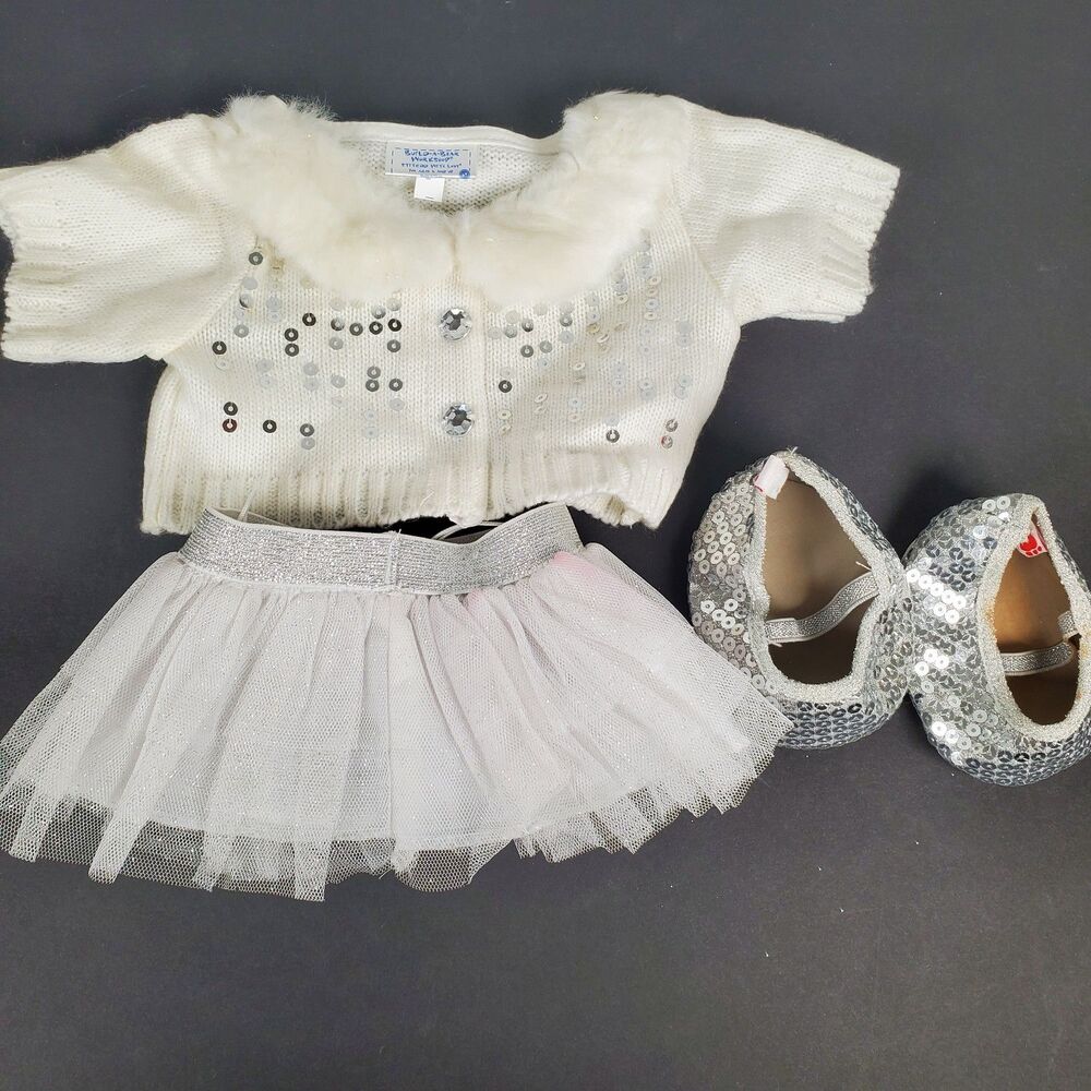 Build‎ A Bear Outfit White Cardigan Sweater Sequin Skirt Silver Winter Clothes